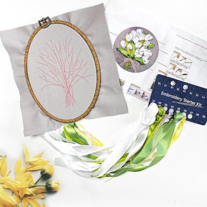 FONNUY Ribbon Embroidery 3D Flowers Pattern Design Kit Embroidery DIY Handwork Set Oval Home Decoration (White Tulip) - Image 4