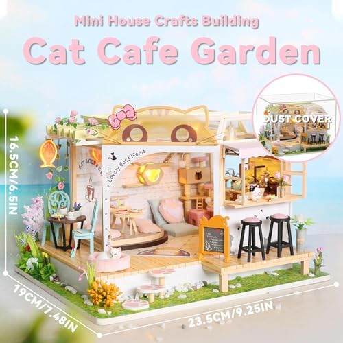 Flever Dollhouse Miniature DIY House Kit Creative Room with Furniture for Romantic Valentine's Gift (Cat Cafe Garden) - Image 2