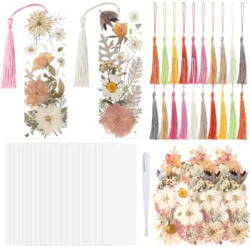 20 Sets Dried Flower Bookmark Making Kit Transparent Bookmark DIY Projects Craft Gift Bulk PET Sticker with Color Tassels and Tweezer for Classroom Activities Reading Award and Book Lovers (Boho) by Afniimyapt