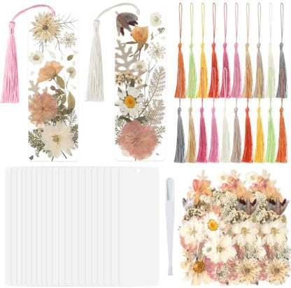 20 Sets Dried Flower Bookmark Making Kit Transparent Bookmark DIY Projects Craft Gift Bulk PET Sticker with Color Tassels and Tweezer for Classroom Activities Reading Award and Book Lovers (Boho) by Afniimyapt