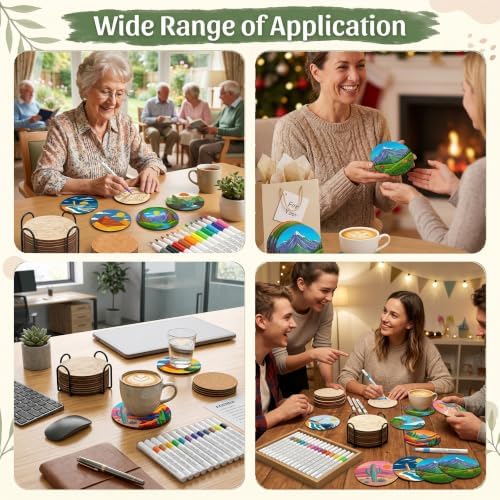 Wooden Drink Coasters Kits for Adults, 65 Pcs Paint Your Own Set with 24 Markers, 20 Coasters, 20 Cork Mats, 1 Holder(Landscape) - Image 6