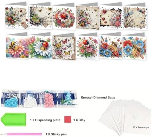 jinglinhh 12pcs Diamond Art Painting Ladybug Bee Butterfly Insect Flower Greeting Cards with Envelopes, DIY Card Making Kits for Adults, Diamond Art Christmas Cards for Holiday Gifts - Image 3