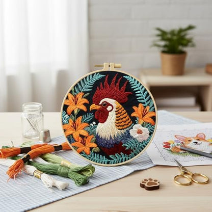 FRANDEK DIY Flower Rooster Stamped Embroidery Kit with Hoop for Adults - Image 4