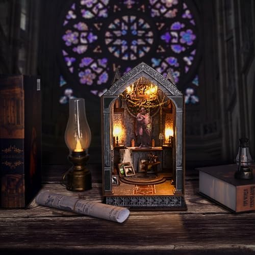 Flever Dollhouse DIY Book Nook Miniature Kit, Bookshelf Insert Decor, 3D Wooden Puzzle Booknook Miniature Kit, Creative Assembled Bookends for Halloween and Chrimas Gift (Quite Night Prayer) - Image 4