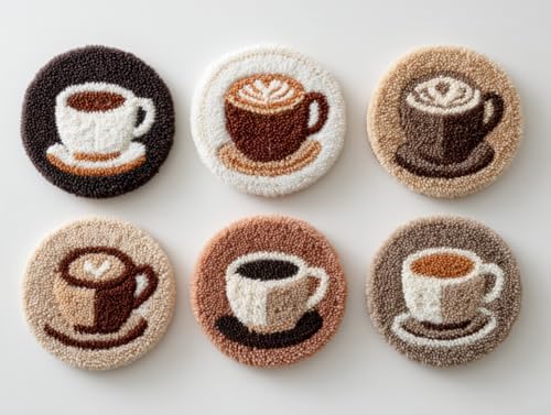 6PCS Punch Needle Coaster Kit Coffee Cup Easy for Beginners Stress Relief Craft Set with Hoop Yarn & Patterns DIY Embroidery Mug Rug Kit for Adults Home Decor-4 by Unknown