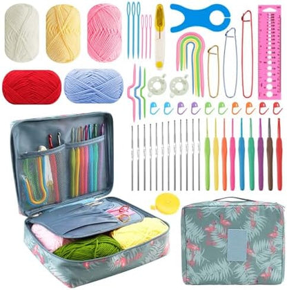 58pcs Crochet Kit Beginners, Crochet Hook Set with Yarn, Portable Crocheting Kit for Starter, Ergonomic Crochet Needles Tools DIY Knitting Accessories for Experienced Crochet Lovers, Flamingo by HATINXIA