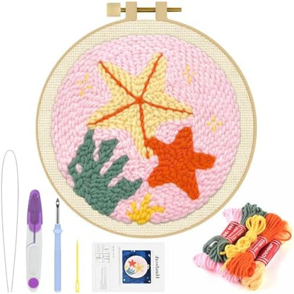 ERKOON Punch Needle Kit Adults Beginners, DIY Easy Sea Animals Embroidery Set for Starter Art Craft, Needling Punch Project with Patterns, Tools, Yarns, Hoop, Instruction (Starfish) by ERKOON
