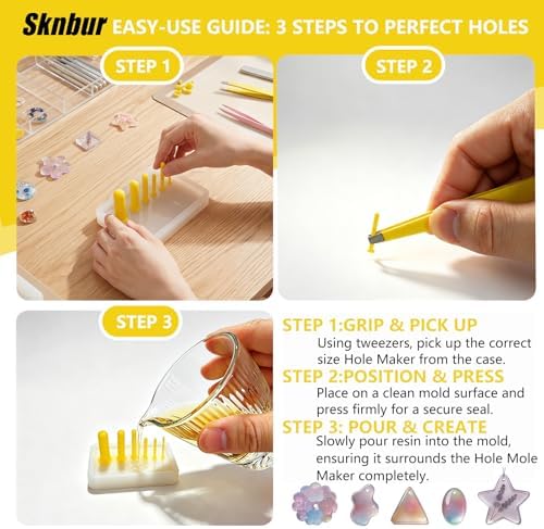 31 PCS Resin Hole Maker (1.5/2/3/4/6/8mm)) with Tweezers - Drill-Free Silicone Tools for Epoxy/UV Resin Jewelry, Keychain, Pet Tags 6 Sizes w/Suction Base Beginner-Friendly DIY Craft Kit （Yellow） - Image 5