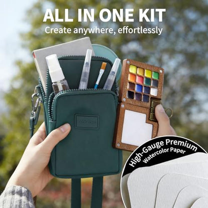 Mini Watercolor Paint Set, Travel Painting Kit with Walnut Wood Palette 15-Color, Crossbody Bag, Watercolor Journal, Metal Clip, Water Cup, Water Brush, for Artists, Beginners & Adults, Green - Image 2