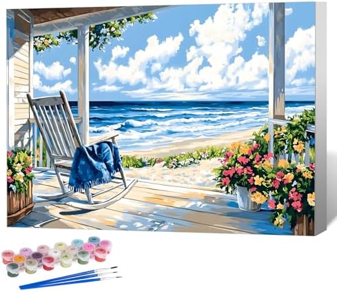 Framed Paint by Numbers Kit for Adults, Coastal Beach House 8x12 Inch by Okarina