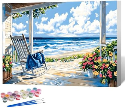 Framed Paint by Numbers Kit for Adults, Coastal Beach House 8x12 Inch by Okarina