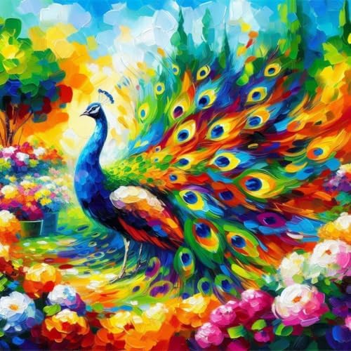 Paint by Numbers Kit for Adults, Peacock & Flower Design, 16x16 Inch by Okarina