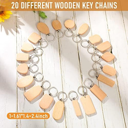 Cunno 40 Pcs Wood Keychain Blanks Unfinished Key Ring, Assorted Shapes - Image 2