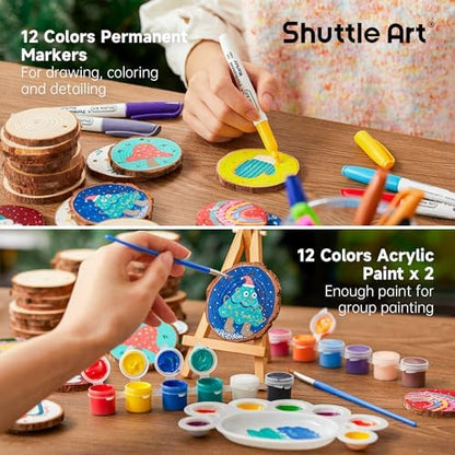 Shuttle Art Natural Wood Slices 70 PCS 2.8-3.1 Inches Craft Wood Ornament Kit, Unfinished Predrilled Wooden Circles with Hole, Jute Twine, Acrylic Paint, Markers for DIY Decoration - Image 5
