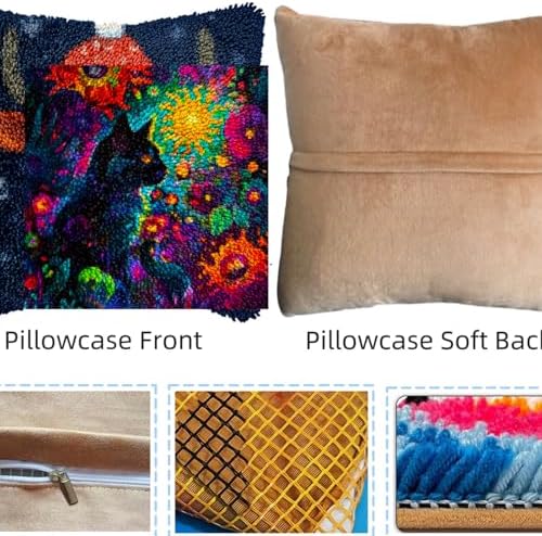 A Black Cat in Abstract Flowers DIY Latch Hook Pillow Kits for Adults Printed Pillowcase Crochet Yarns Hooking Handmade Pillow Cover Cushion for Home Sofa Decoration 17x17inch - Image 3