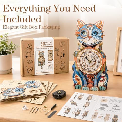 3D Puzzles for Adults, Cute Cat Clock 3D Wooden Puzzles Cat Puzzle Clock Kits for DIY Christmas Birthday Gift for Women Mom Men Home Decor Holiday - Image 2