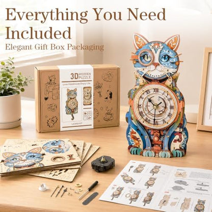 3D Puzzles for Adults, Cute Cat Clock 3D Wooden Puzzles Cat Puzzle Clock Kits for DIY Christmas Birthday Gift for Women Mom Men Home Decor Holiday - Image 2
