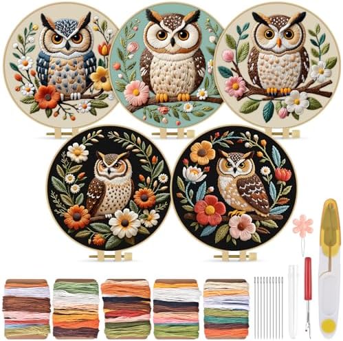TINDTOP 5 Pack Embroidery Kit for Adult, Embroidery DIY Starter Kit, with Stamped Patterns, Hoop, Tools, Colorful Threads with Needles, Instructions by TINDTOP