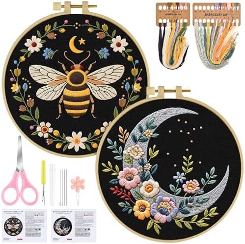 ERKOON Embroidery Kit for Beginners Adult, 2 Set Flower Cross Stitch Set Include Embroidery Cloth Hoops Threads for Craft Lover Hand Stitch with Embroidery Skill Techniques (Bee Moon) by ERKOON