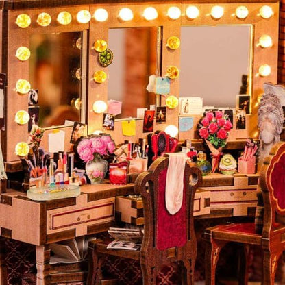 fifijoy Book Nook Kit Theater Dressing Room - DIY Miniature House 3D Wooden Puzzle Bookshelf Insert Decor, Vintage Theater Scene Dollhouse Kit for Adults & Book Lovers (with Yellow Light) - Image 5
