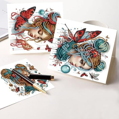 Tontut 6pcs Diamond Art Painting Kit Greeting Card, Temperament Butterfly Lady 5D DIY Diamond Handmade Holiday Sparkling Greeting Card with Envelope, Holiday Gift Congratulation - Image 6