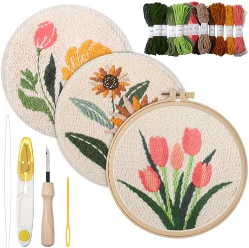 Lyksgir 3 Sets Punch Needle Kits, Punch Needle Embroidery Starter Kits for Adults Beginners, DIY Easy Flower Embroidery Set with Printed Pattern, Hoops, Yarns, Instruction and Threader Tools by Unknown