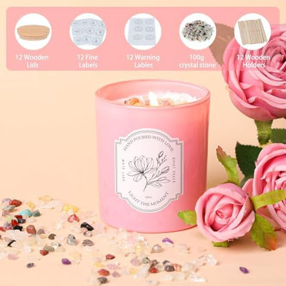 12 Pcs 10oz Pink Glass Candle Jars with Lids & Crystals for Candle Making - Image 6