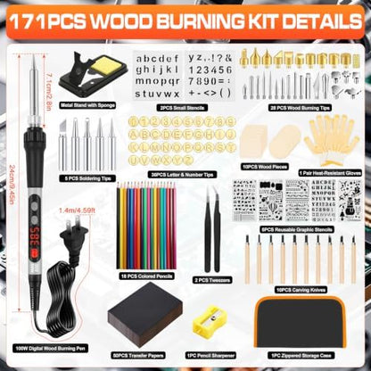 171PCS Wood Burning Kit, 100W Digital Wood Burner Tool, Adjustable Temp Pyrography Pen Set with Tips, Letter Number Stamps, Stencils, Transfer Papers, Carving Tools, Case for Adults & Beginners - Image 2