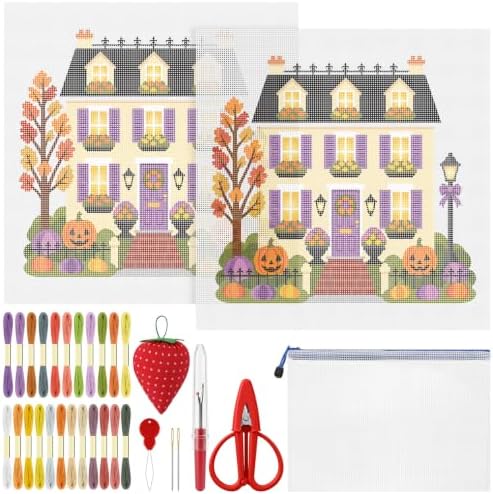 XunYee Needlepoint Canvas Kit, Halloween Happy Neighborhood Trick or Treat Townhouse by XunYee