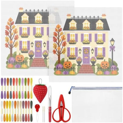 XunYee Needlepoint Canvas Kit, Halloween Happy Neighborhood Trick or Treat Townhouse by XunYee