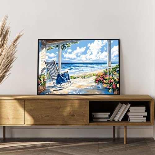 Framed Paint by Numbers Kit for Adults, Coastal Beach House 8x12 Inch - Image 3