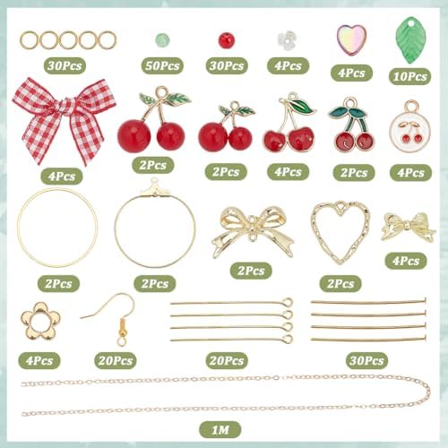 SUNNYCLUE 1 Box DIY 10 Pairs Earring Making Kits Cherry Charms Cute Earrings Sets Cherries Charm Polyester Ribbon Bowknot Acrylic Spacer Beads for Jewelry Making Kits Women Adults Crafts Supplies - Image 2