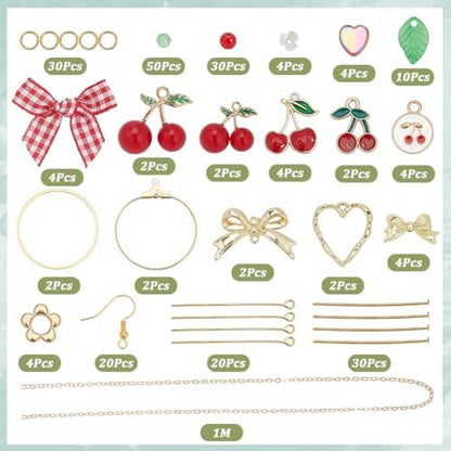 SUNNYCLUE 1 Box DIY 10 Pairs Earring Making Kits Cherry Charms Cute Earrings Sets Cherries Charm Polyester Ribbon Bowknot Acrylic Spacer Beads for Jewelry Making Kits Women Adults Crafts Supplies - Image 2