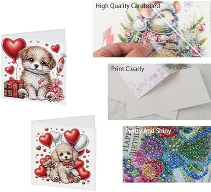 TDFERAN 6 Packs DIY Diamond Art Cards Puppy Flowers Love Diamond Painting Holiday Card Making Kit Diamond Art Card with Envelopes Diamond Painting Greeting Cards for Birthday Thanksgiving Day - Image 3
