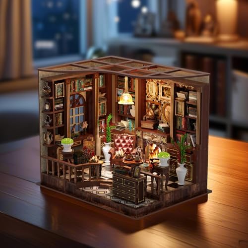 Parisian Library Book Nook DIY Kit - 3D Wooden Study Model with Touch-Sensor LED Light, Vintage Bookshelf Decor for Adults - Image 4