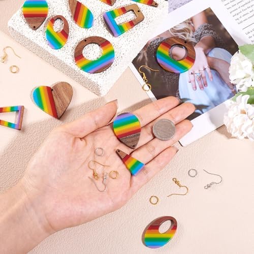 Elecrelive 8 Pairs Wood Earring Kit Rainbow Resin Wood Charms Stripe Wood Earring Pendants Heart Teardrop Triangle Vintage Dangle Earring Charms with Earring Hooks for Jewelry Craft Making - Image 6