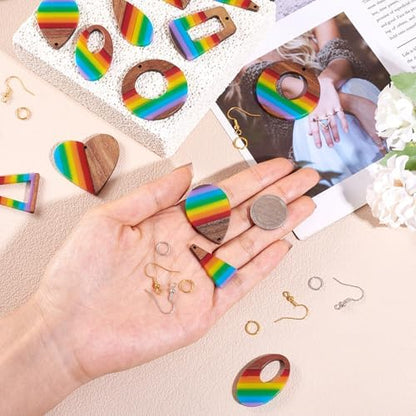 Elecrelive 8 Pairs Wood Earring Kit Rainbow Resin Wood Charms Stripe Wood Earring Pendants Heart Teardrop Triangle Vintage Dangle Earring Charms with Earring Hooks for Jewelry Craft Making - Image 6