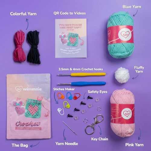 Wimmsie Crochet Animal Kit for Beginners - Easy Granny Square Crochet Kit for Beginners Kids & Adults - Cute Amigurumi Heart Bunny Keychain & Mini Heart Purse - Step by Step Video Tutorials - Image 7