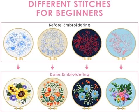 TINDTOP 4 Sets Embroidery Kit for Adults, Floral Embroidery Practice Kit for Beginners Include Embroidery Cloth Hoops Threads for Craft Lover Hand Stitch with Embroidery Skill Techniques - Image 3