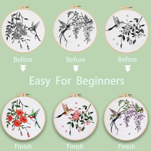 Ohcol 3 Sets Hummingbird Embroidery Kit for Beginners Needlepoint Kits for Adults Cross Stitch Kits with Clear Instructions,Easy Funny Stamped Bird Patterns Fabric Hand Crafts - Image 6