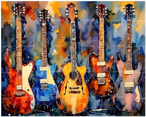 Music Paint by Numbers Kit for Adults - DIY Colorful Guitar Collection Painting on Canvas, Acrylic Paint Set, Suitable for Beginners, Art for Home Decoration or Gifts(12X16IN Framed) by Unknown