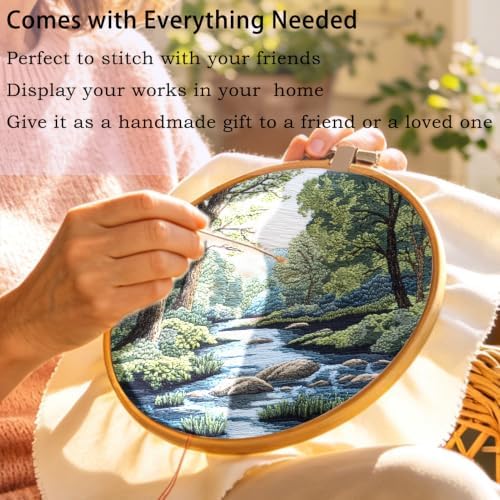 FONNUY Embroidery Kit for Beginners, Boho Nature Landscape Pre-Stamped Pattern Kits for Adults with Hoop, Easy to Follow Color Thread Needlework, 8'' Hoop (Verdant Riverside) - Image 3