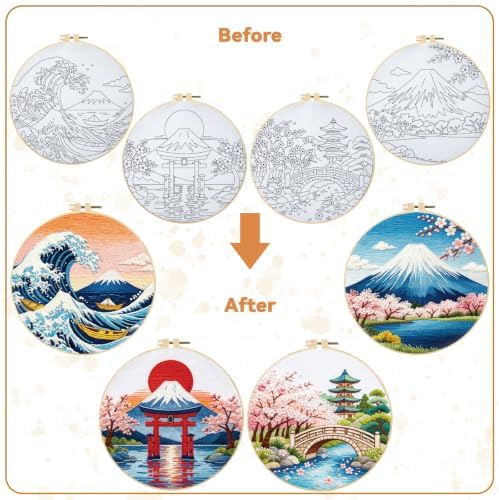 BEUNITONE 4 Pcs Embroidery Kit for Beginner, Ukiyo-e Style Landscape Wave Pattern Embroidery Materials, Cross Stitch Set with Cloth, Thread, Needle and Hoop Tools for Friendship Gift and Home Decor - Image 4