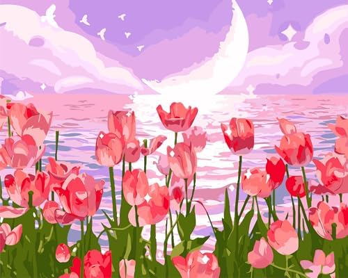Yunnuo Paint by Numbers Kit for Adults, Tulip Flowers Paint by Number for Beginners, DIY Seaside Scenery Acrylic Number Painting on Canvas, Great Gifts Decor (16 x 20 Inch) by Yunnuo-premiumdiyartpaintingkits
