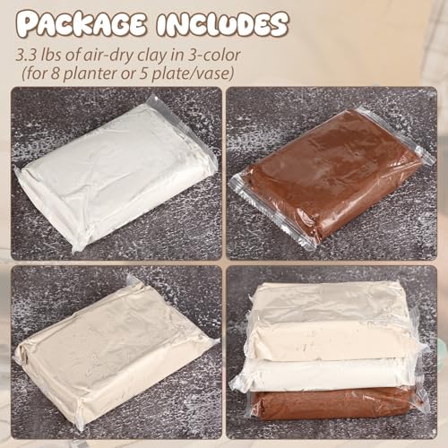 25 Pcs Air-Dry 3 Colors Clay Pottery Kit for Beginners Includes 3.31 lb Dry Clay for Adults Air Pottery Tools, Paints, Brushes Modeling DIY Kit for Christmas - Image 2