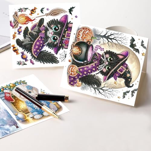 MVVMTOP 8pcs Diamond Painting Greeting Cards- Christmas Puppy & Halloween Kitten Cards for Blessings and Wishes, Special Shape Crystal Partial, Paper Material, DIY Gifts for Christmas Day Halloween - Image 5