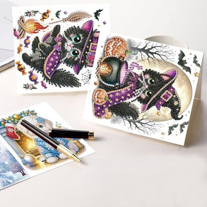 MVVMTOP 8pcs Diamond Painting Greeting Cards- Christmas Puppy & Halloween Kitten Cards for Blessings and Wishes, Special Shape Crystal Partial, Paper Material, DIY Gifts for Christmas Day Halloween - Image 5