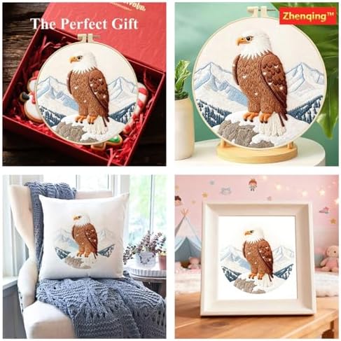 Zhenqing Bald Eagle Embroidery Kit for Beginners, Wildlife Mountain Needlework Craft with Pre-Printed Cotton Fabric, Hoop, Threads & Tools (C0211) - Image 7