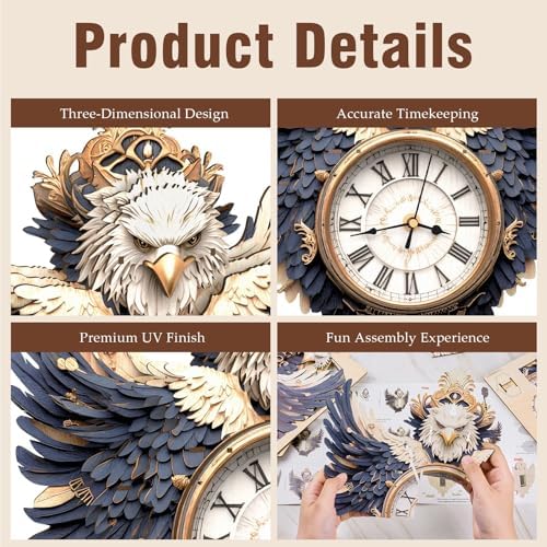 3D Puzzles for Adults, Eagle Wall Clock 3D Wooden Puzzles Clock Kits for DIY Birthday Gift for Women Men Home Decor Holiday Christmas - Image 3