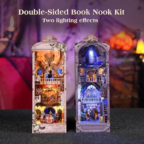 Tonecheer DIY Book Nook Kit for Adults, Double-Sided Booknook Wooden 3D Puzzle Bookend Miniature House Kit, Fantasy Bookshelf Decor with Dust Cover and LED Light for Birthday Gifts (Monster Carnival) - Image 2